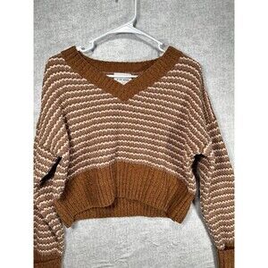 Pink Rose Women's Size Large Brown Striped Crew Cropped Pullover Sweater